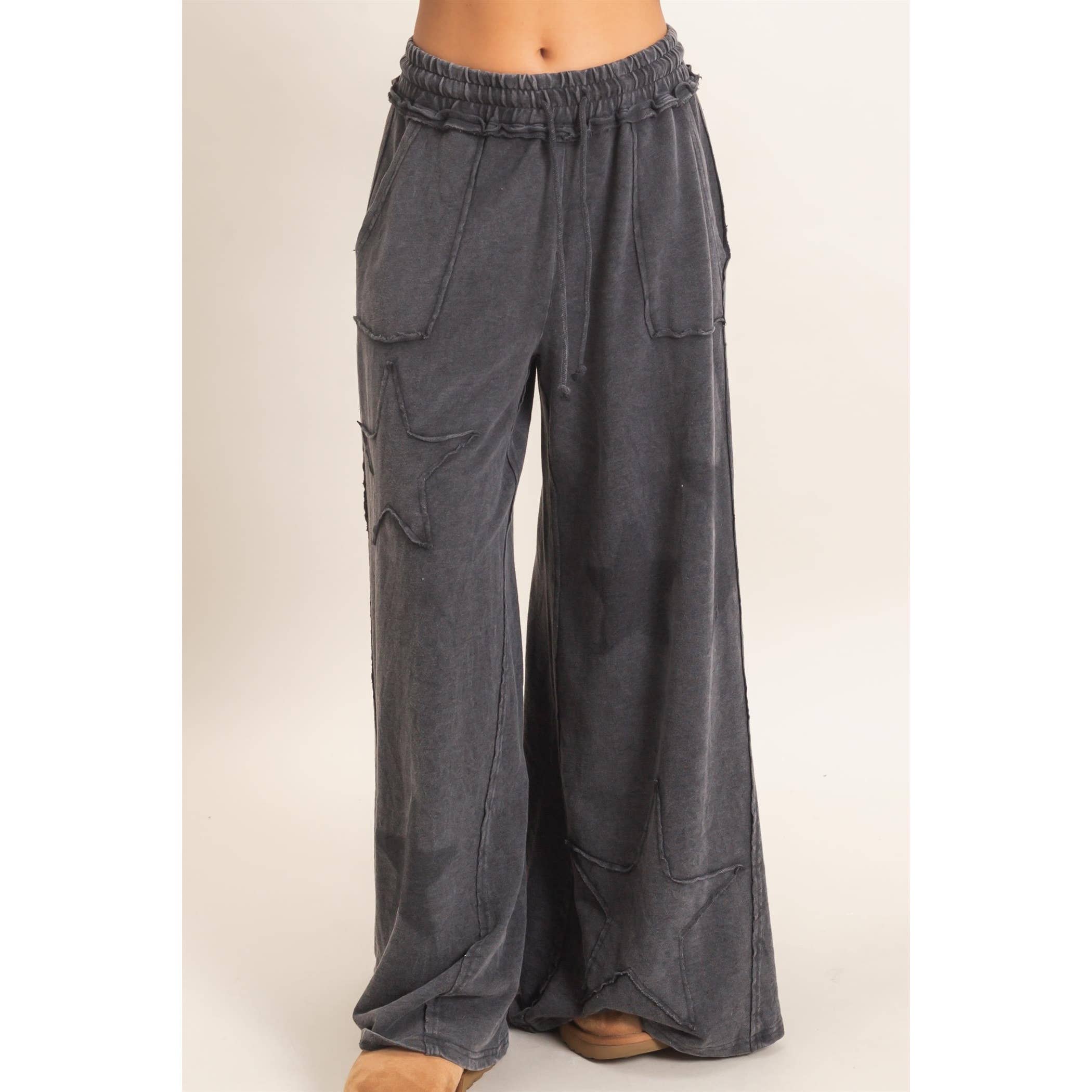 Mineral Wash Star Patch And Print Wide Leg Pants