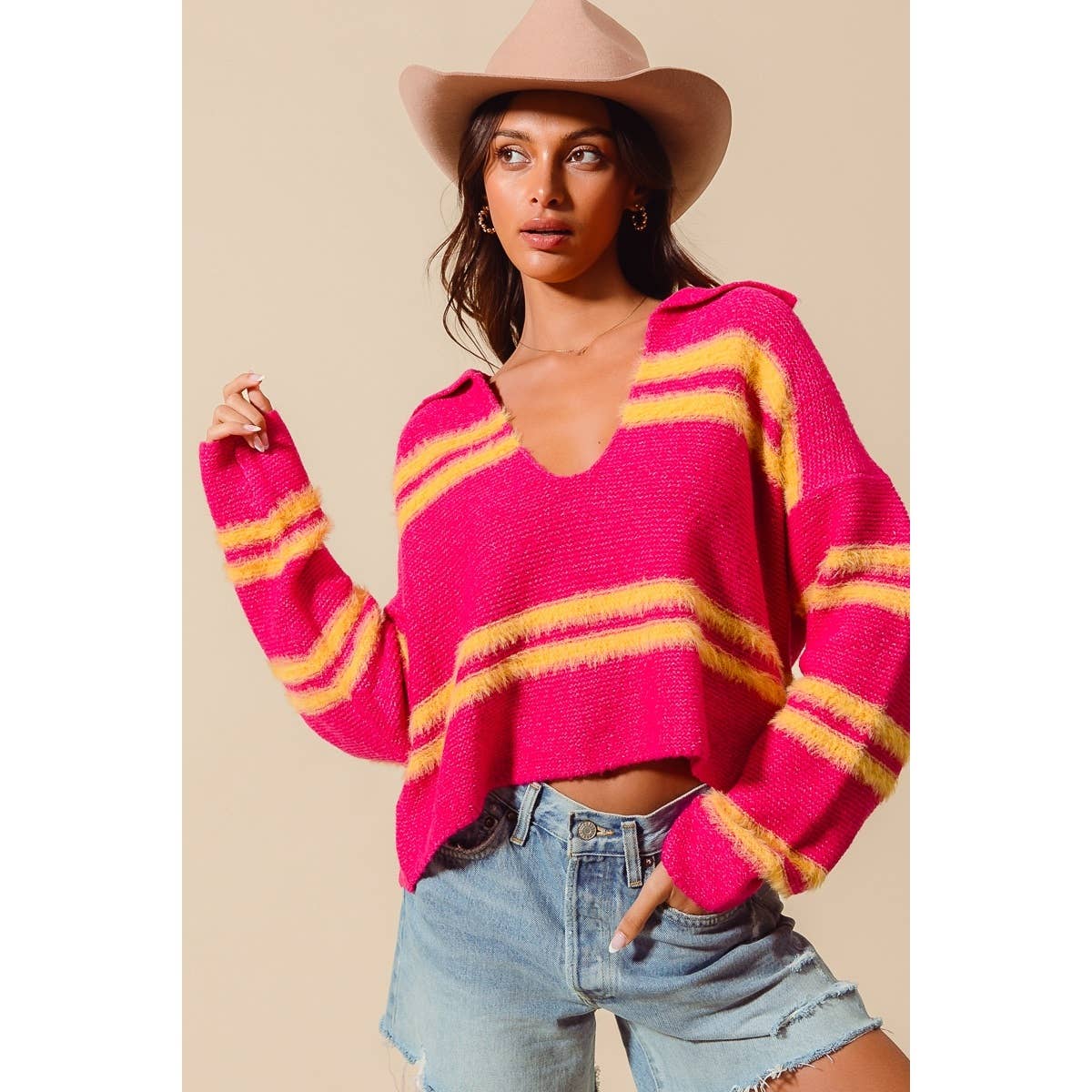 FUZZY HAIRY STRIPE DEEP U NECK SWEATER TOP