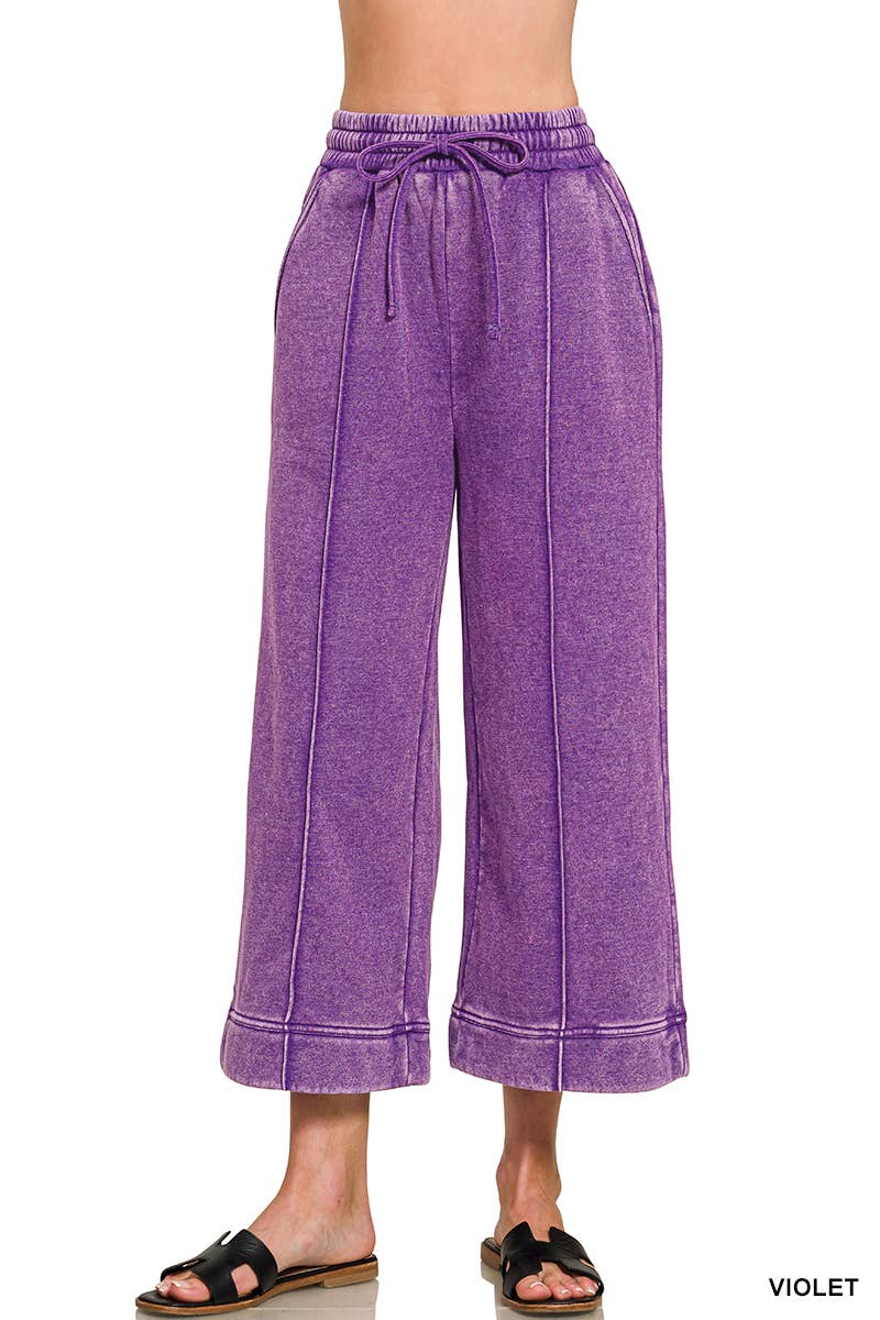 Acid Washed Fleece Pintuck Wide Leg Cropped Pants w/ Pockets