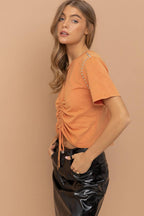 32154T - Washed Cut Out V Tunnel Cinch Tie Front Studded Tee