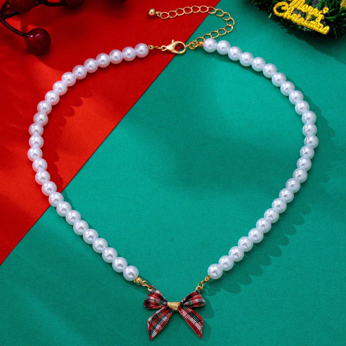 Holiday Tartan Plaid Fabric Bow Pearl Necklace | 80N93917