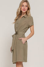0420 Belted Tencel Shirt Mini Dress w/ Side Pockets SI-26238