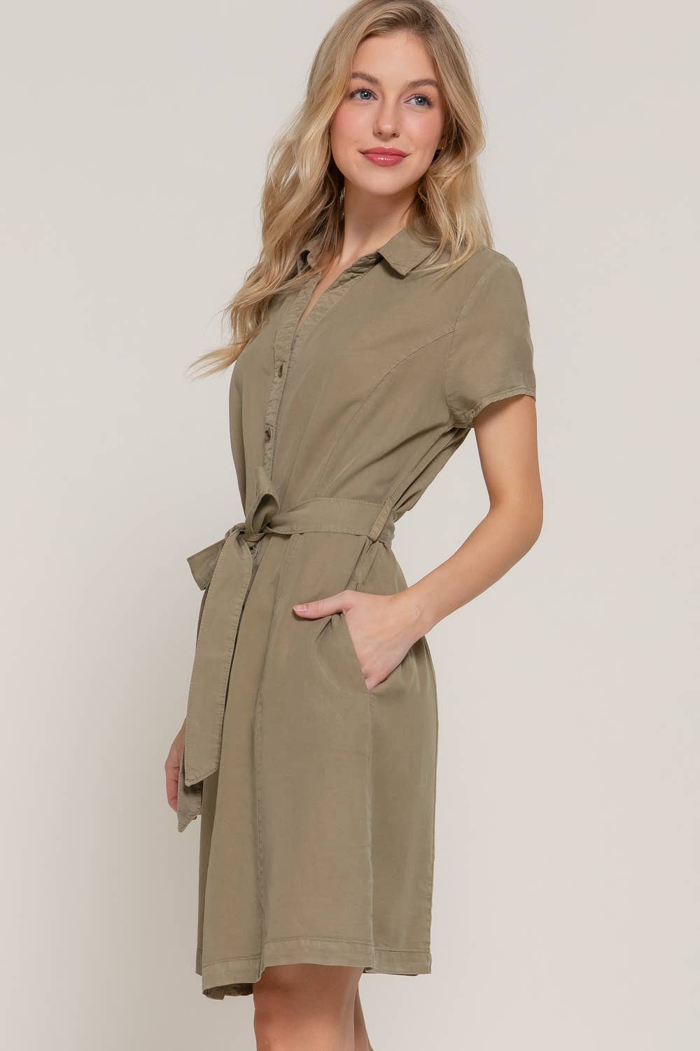 0420 Belted Tencel Shirt Mini Dress w/ Side Pockets SI-26238