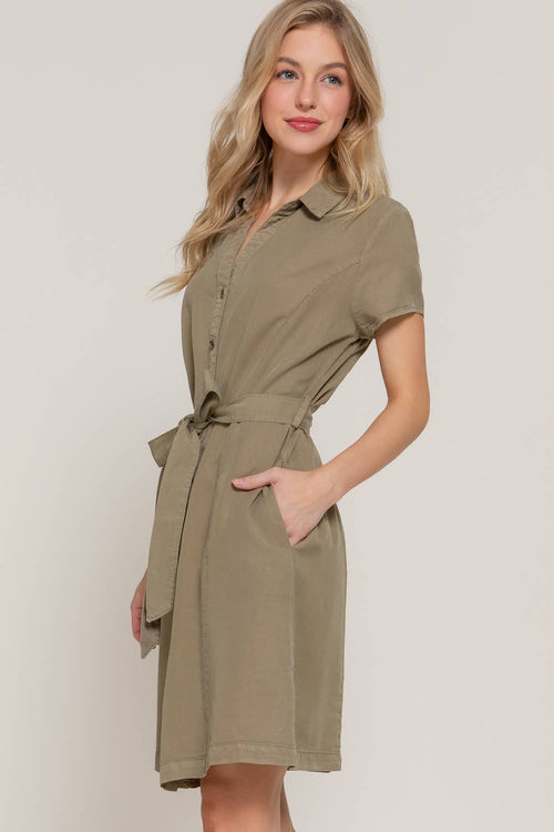 0420 Belted Tencel Shirt Mini Dress w/ Side Pockets SI-26238