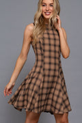 Sleeveless Boat Neck Swing Plaid Woven Mini Dress