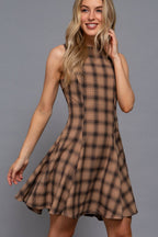 Sleeveless Boat Neck Swing Plaid Woven Mini Dress