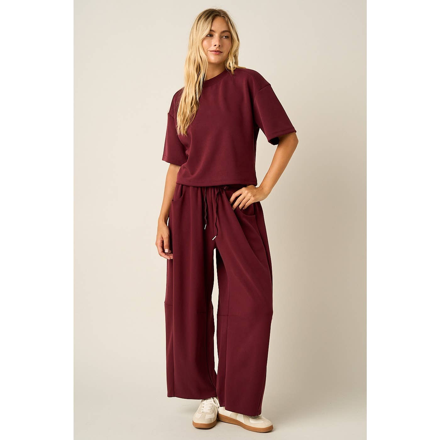 CLOUD KNIT DRAWSTRING WAIST BARREL LEG PANTS