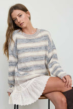 HEATHERED MULTI-STRIPE RAW EDGE KNIT SWEATER
