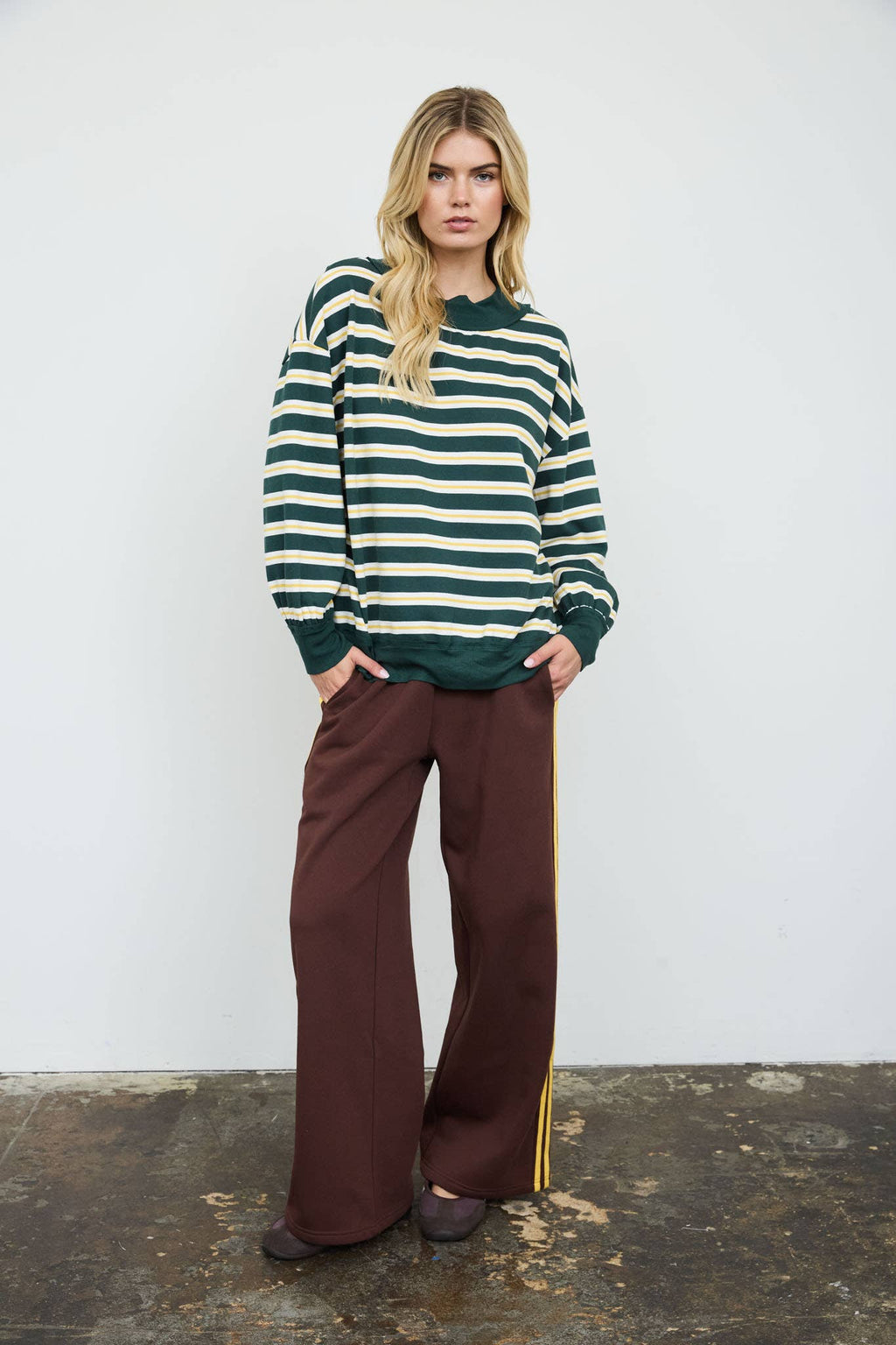 CONTRAST WIDE NECK LONG SLEEVE STRIPE KNIT TOP (PRE-ORDER)
