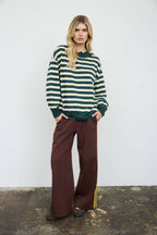 CONTRAST WIDE NECK LONG SLEEVE STRIPE KNIT TOP (PRE-ORDER)