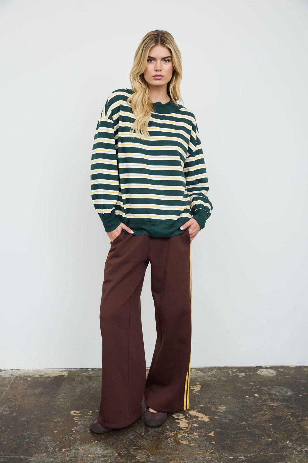 CONTRAST WIDE NECK LONG SLEEVE STRIPE KNIT TOP (PRE-ORDER)