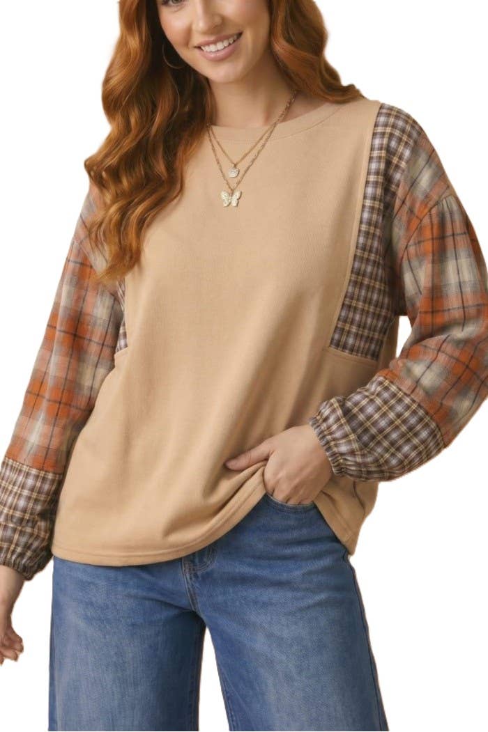 Plaid Woven Color Block Top