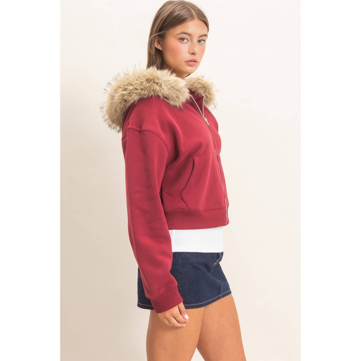 Detachable Fur Zip Up Hoodie