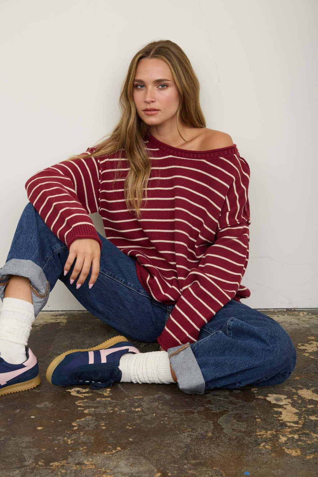 CREAM STRIPED DROP SHOULDER CREW NECK SWEATER
