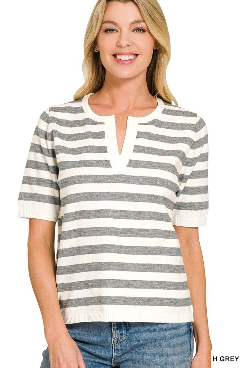 Split Neck Stripe Short Sleeve Sweater