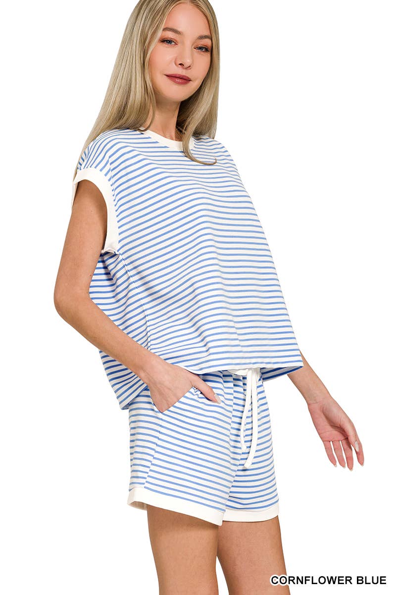 ...Stripe Contrast Trim Top & Shorts Set