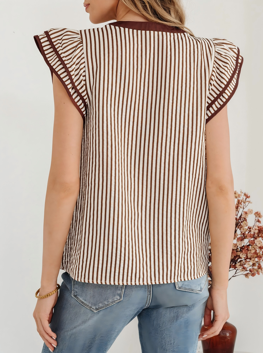 Stripe Double Ruffled Short Sleeve V Neck Blouse