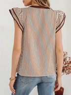 Stripe Double Ruffled Short Sleeve V Neck Blouse
