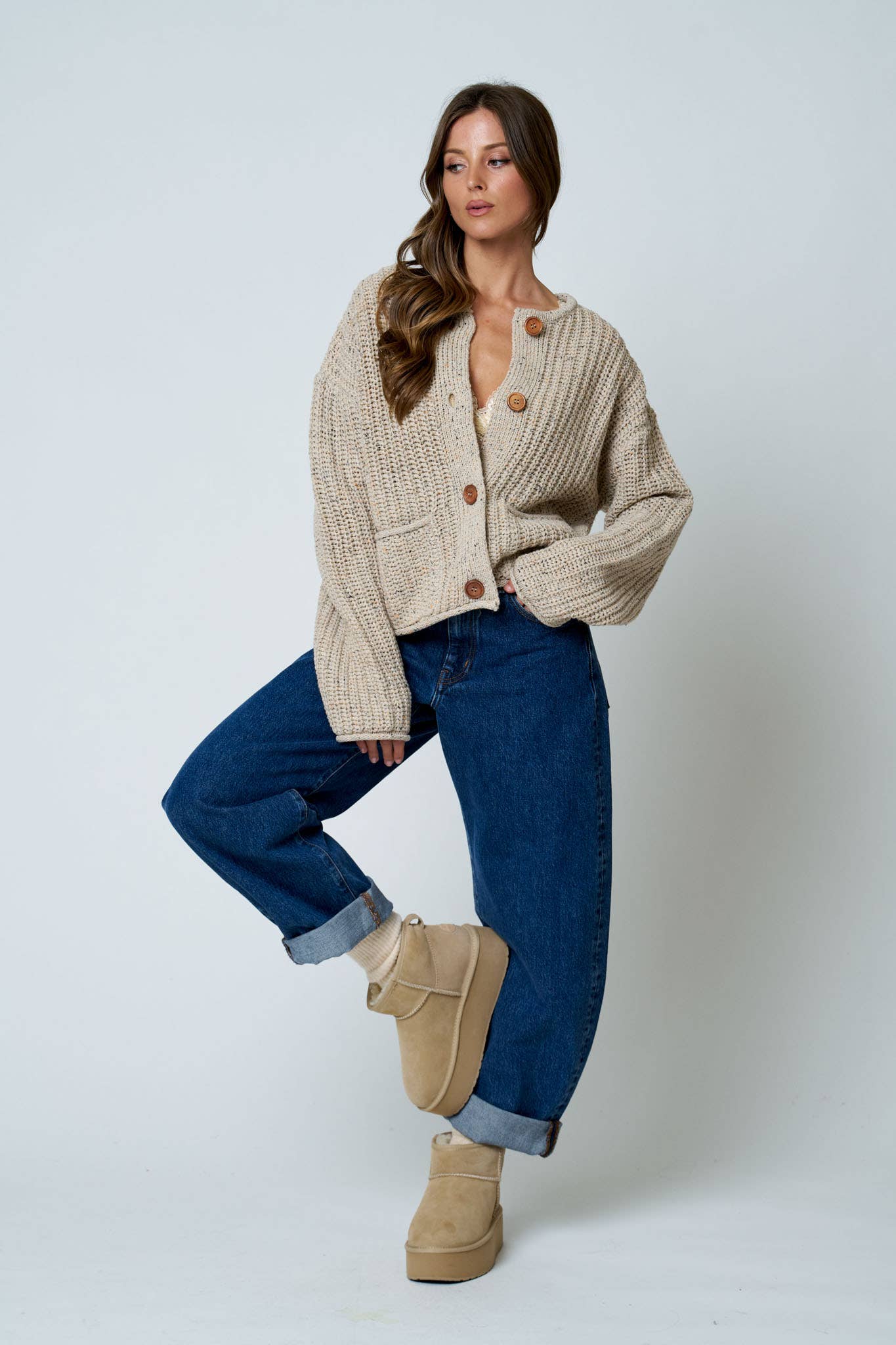 MARLED BUTTON DOWN  RAW EDGE CHUNKY KNIT CARDIGAN