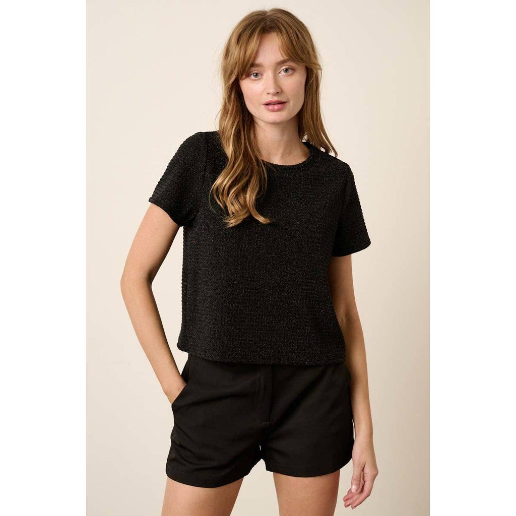 T10373B - GEO PATTERN METALLIC SHORT SLEEVE TOP