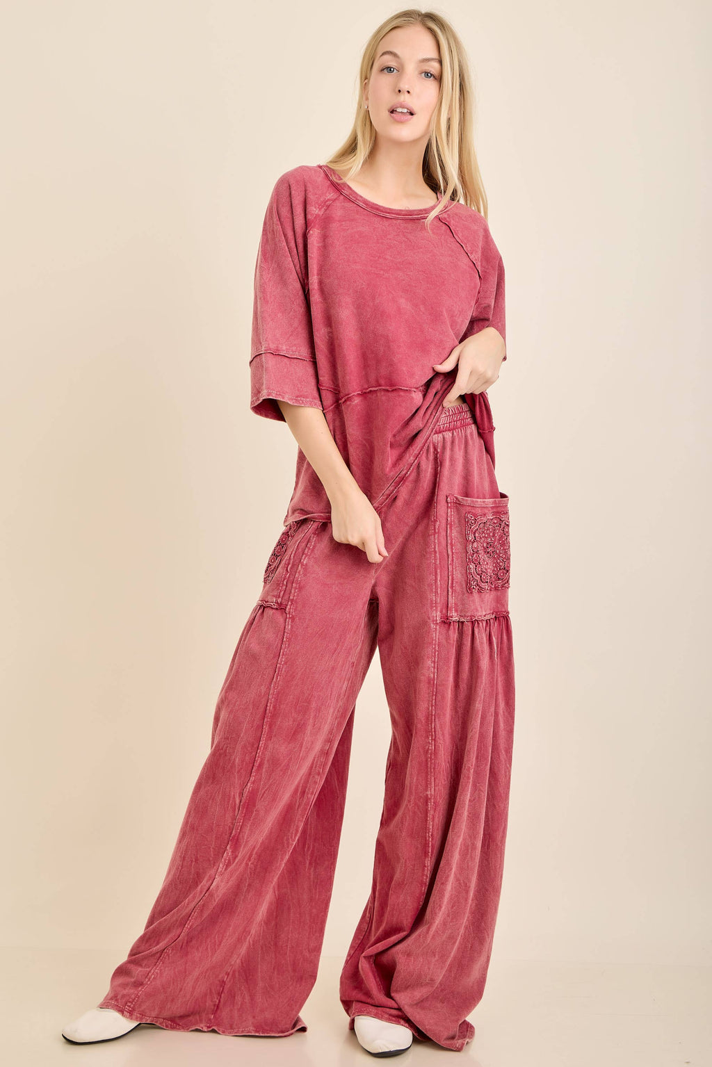 Mineral Washed Boho Trim Patched Pockets Pants HP7542