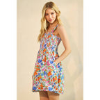 FLOWER PRINT SMOCKED SLEEVELESS MINI DRESS