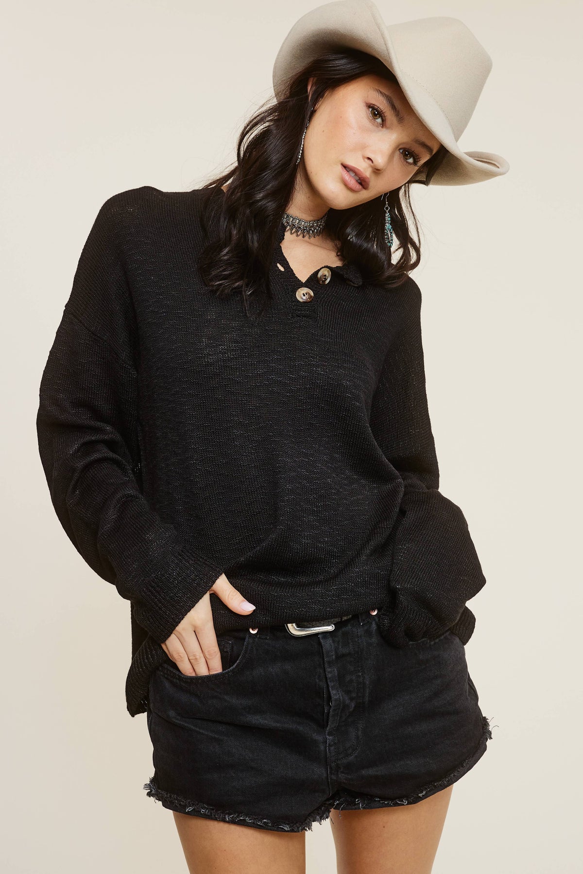 Baggy Knit Sweater with Henley Collar