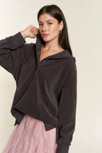 Long Sleeve Button Down Ribbed Hooded Sweatshirt JJT5070