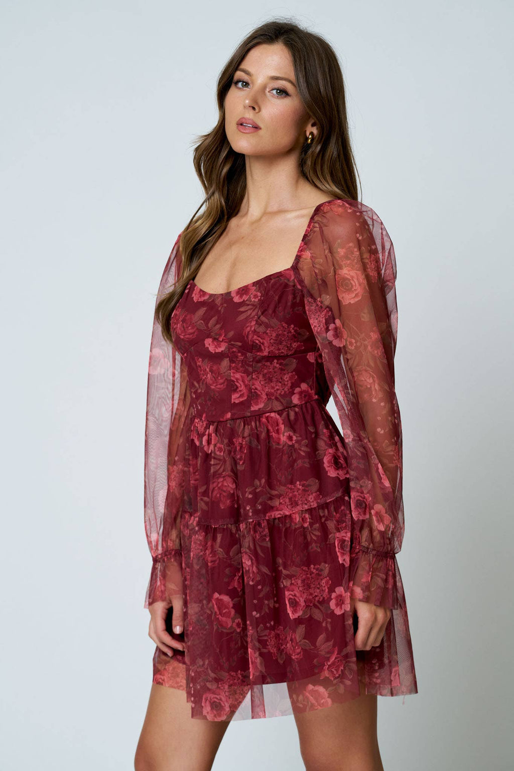 FLORAL CHIFFON LONG SLEEVE CORSET MINI DRESS