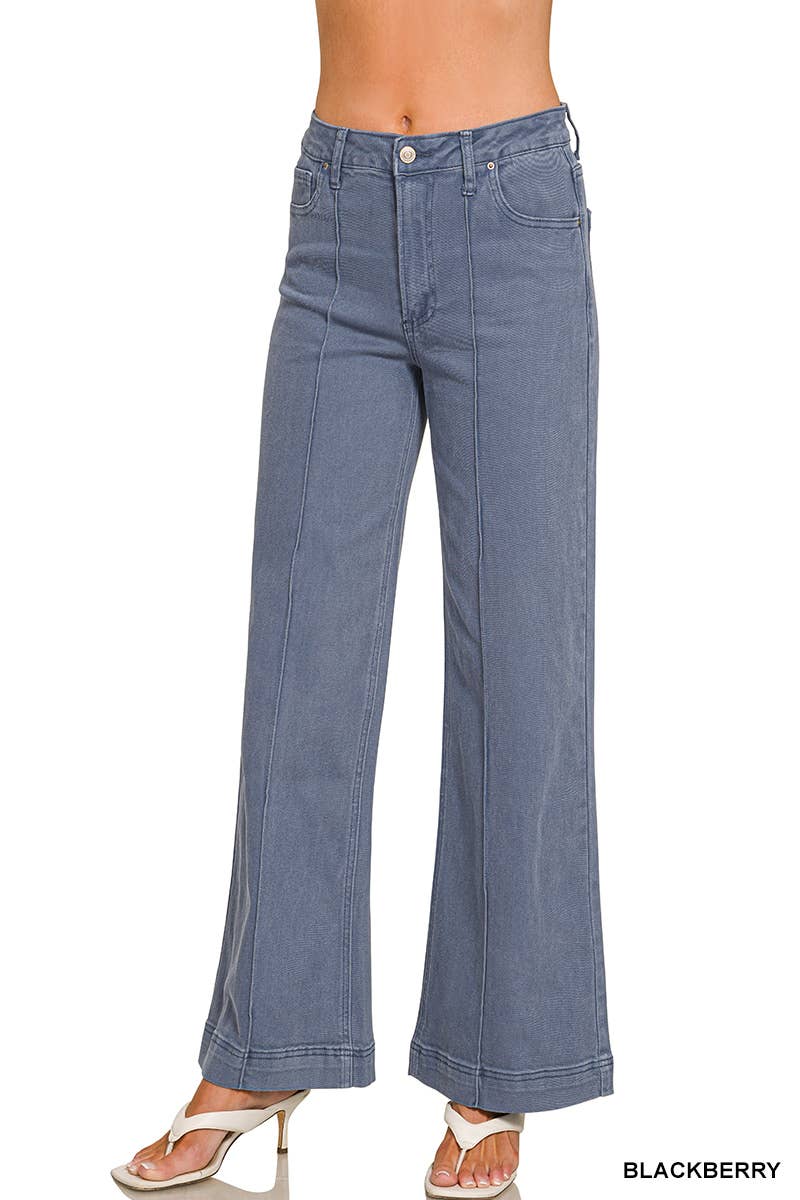 High Rise Wide Leg Pintuck Color Denim Pants