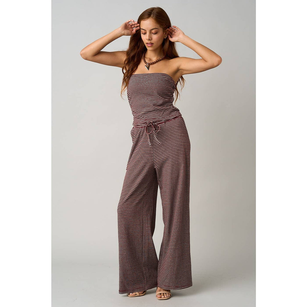 STRIPED PRINT SMOCKED BACK TUBE TOP AND PANTS SET