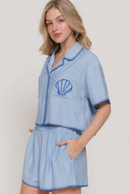 Short Sleeve Edge Stitch & Embroidered Boxy Shirt