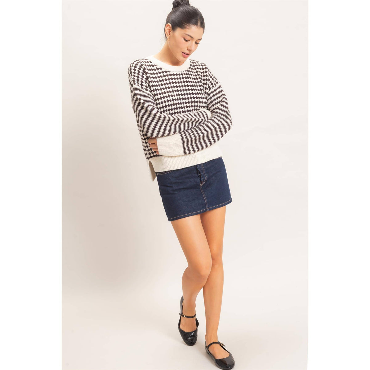Mixed Pattern Long Sleeve Sweater