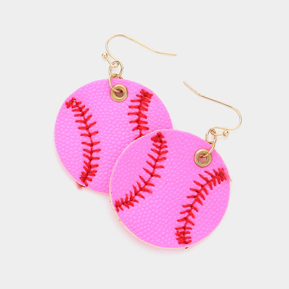 Faux Leather Hot Pink Baseball Dangle Earrings