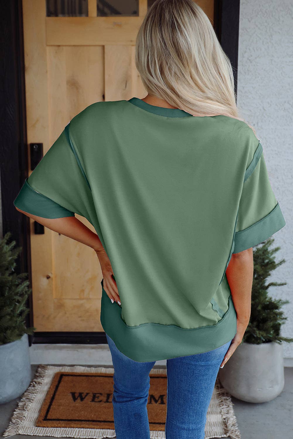 PRETTY BASH Colorblock 3/4 Sleeve Raw Seam High-Low Top