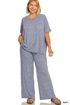 Plus Soft Melange Short Sleeve Tee & Long Pants Set - Zenana