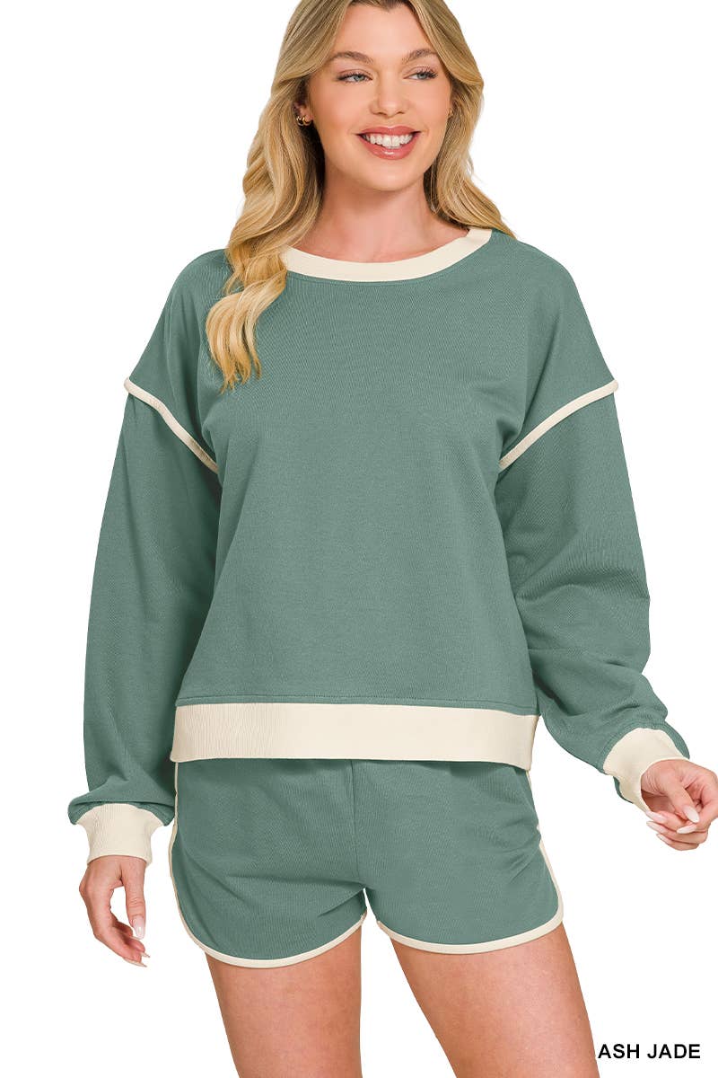 0501 French Terry Contrast Binding Pullover & Shorts Set SI-29799