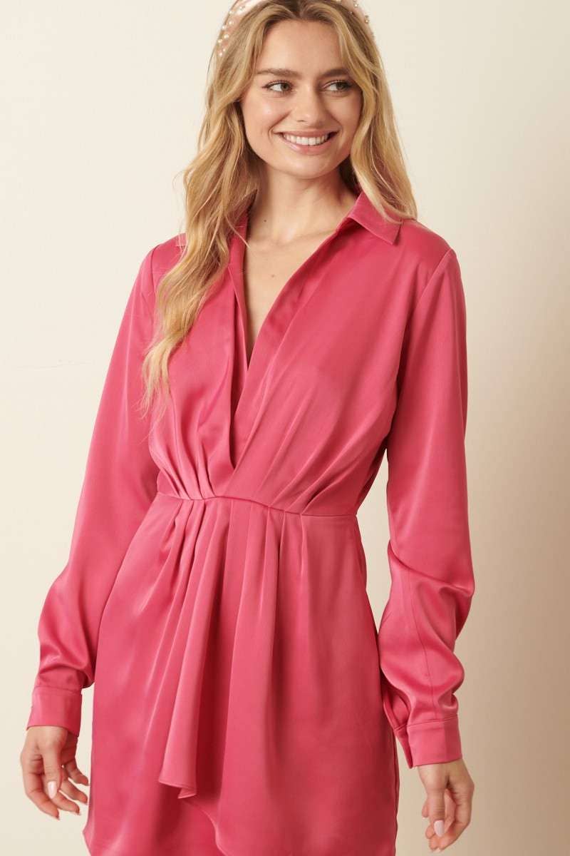 SATIN PLEAT DETAIL SHIRT DRESS