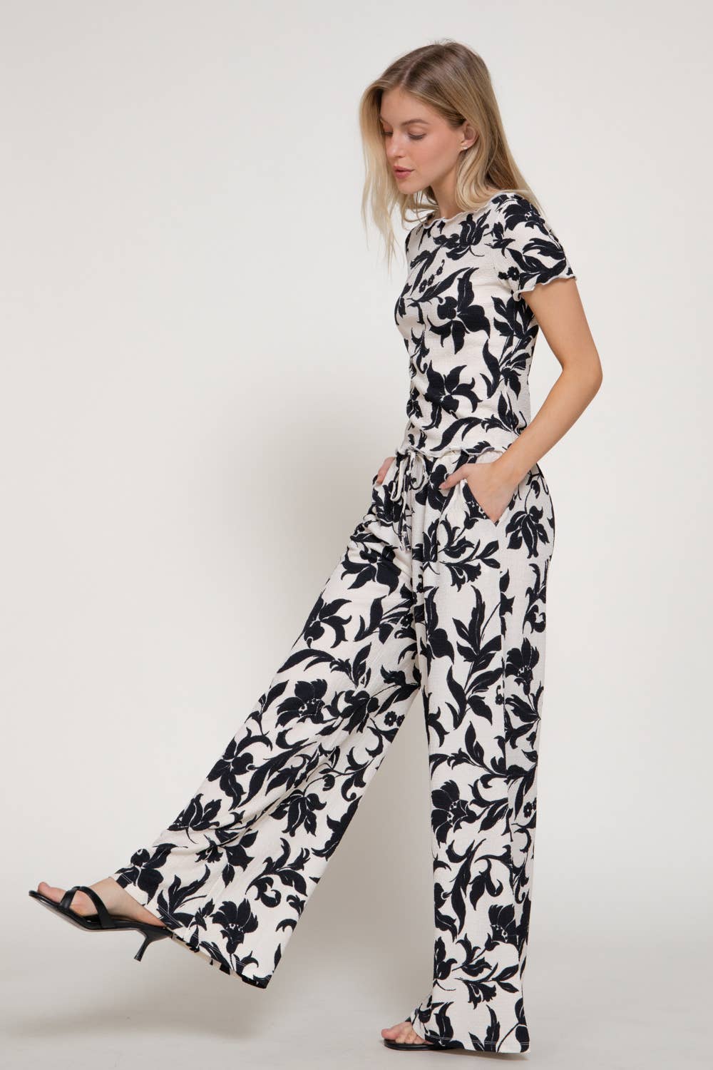 Print Texture Knit Short Sleeve Top & Waist Band Pants Set