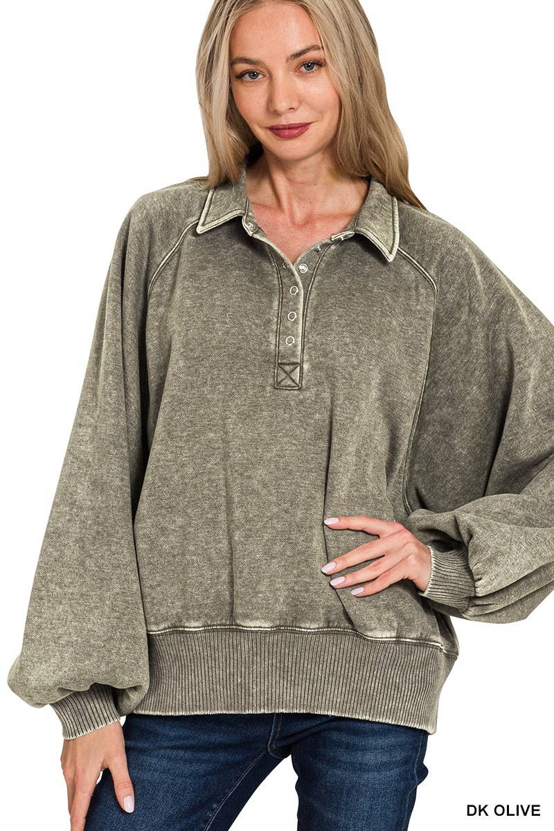 Acid Wash Fleece Button Up Collared Pullover