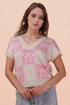 12W3370N-Bow Graphic Knit Summer Sweater Top