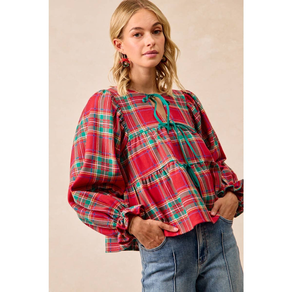 CHRISTMAS PLAID TOP WITH FRONT BOW TIED DETAILS