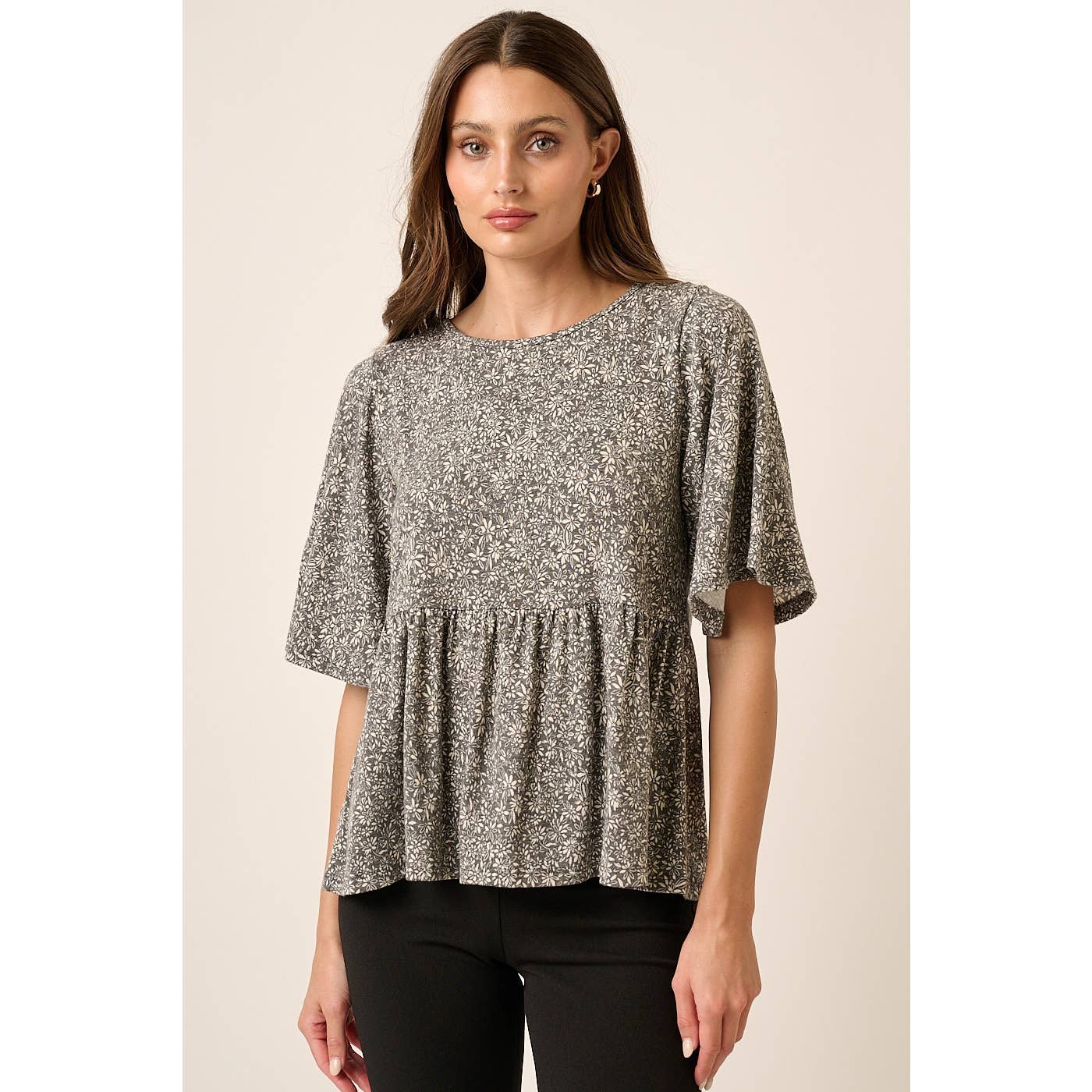 T10161 - DITSY FLOWER PRINT BABY DOLL KNIT TOP