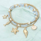 3PCS - Starfish Shell Fish Charm Beaded Stretch Multi Layered Bracelets