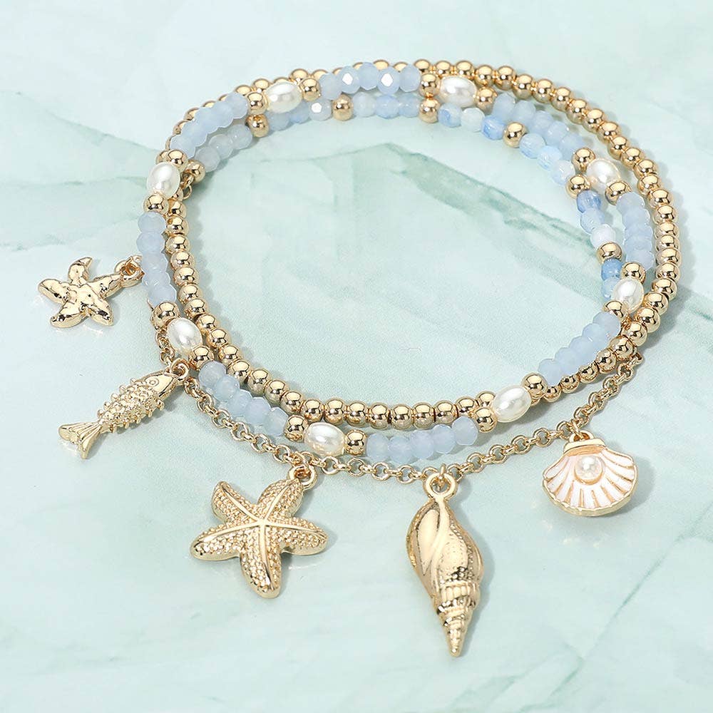 3PCS - Starfish Shell Fish Charm Beaded Stretch Multi Layered Bracelets