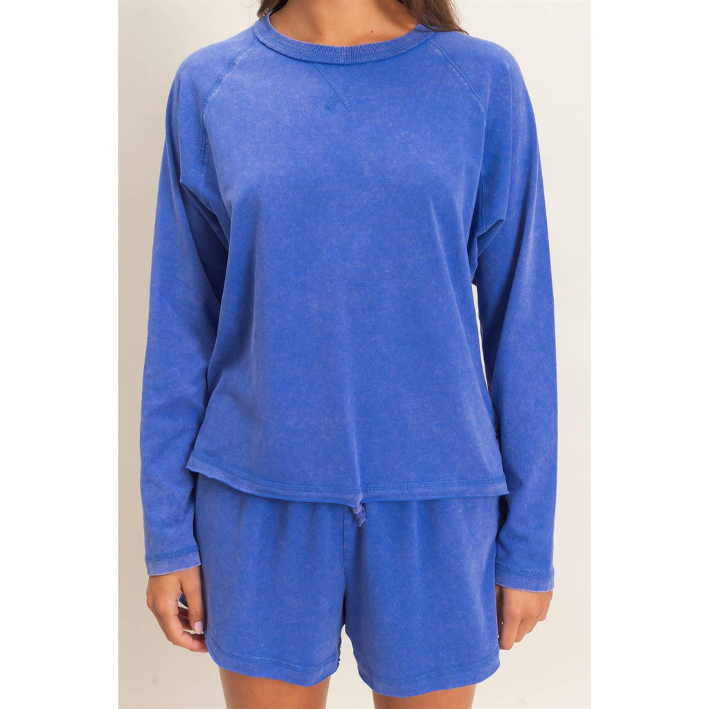 Mineral Wash Long Sleeve Raw Edge Top & Shorts Set