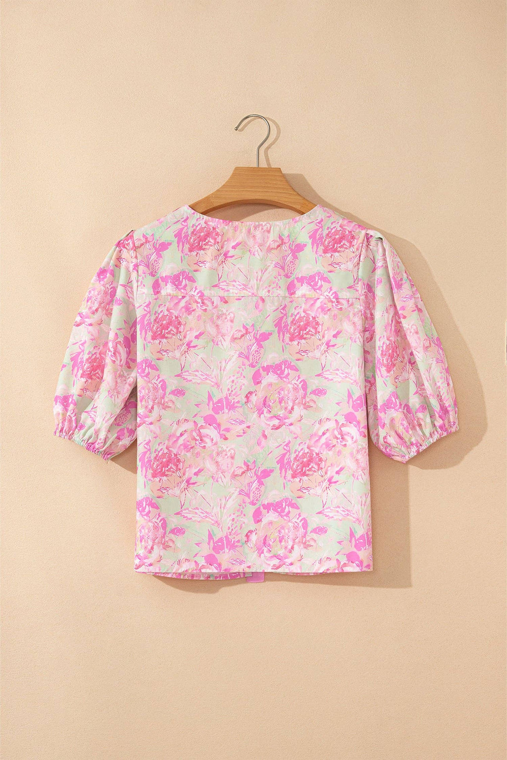 PRETTY BASH Floral Ribbon Tie Front Puff Sleeve Blouse