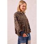 LEOPARD PRINT WAFFLE HALF ZIP UP HOODIE W POCKET