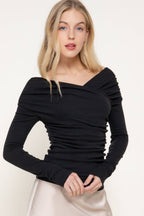 Long Sleeve Wrap Neckline Draped Detail Straight Knit Top