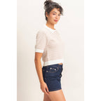 Striped Short Sleeve Collar Knit Top